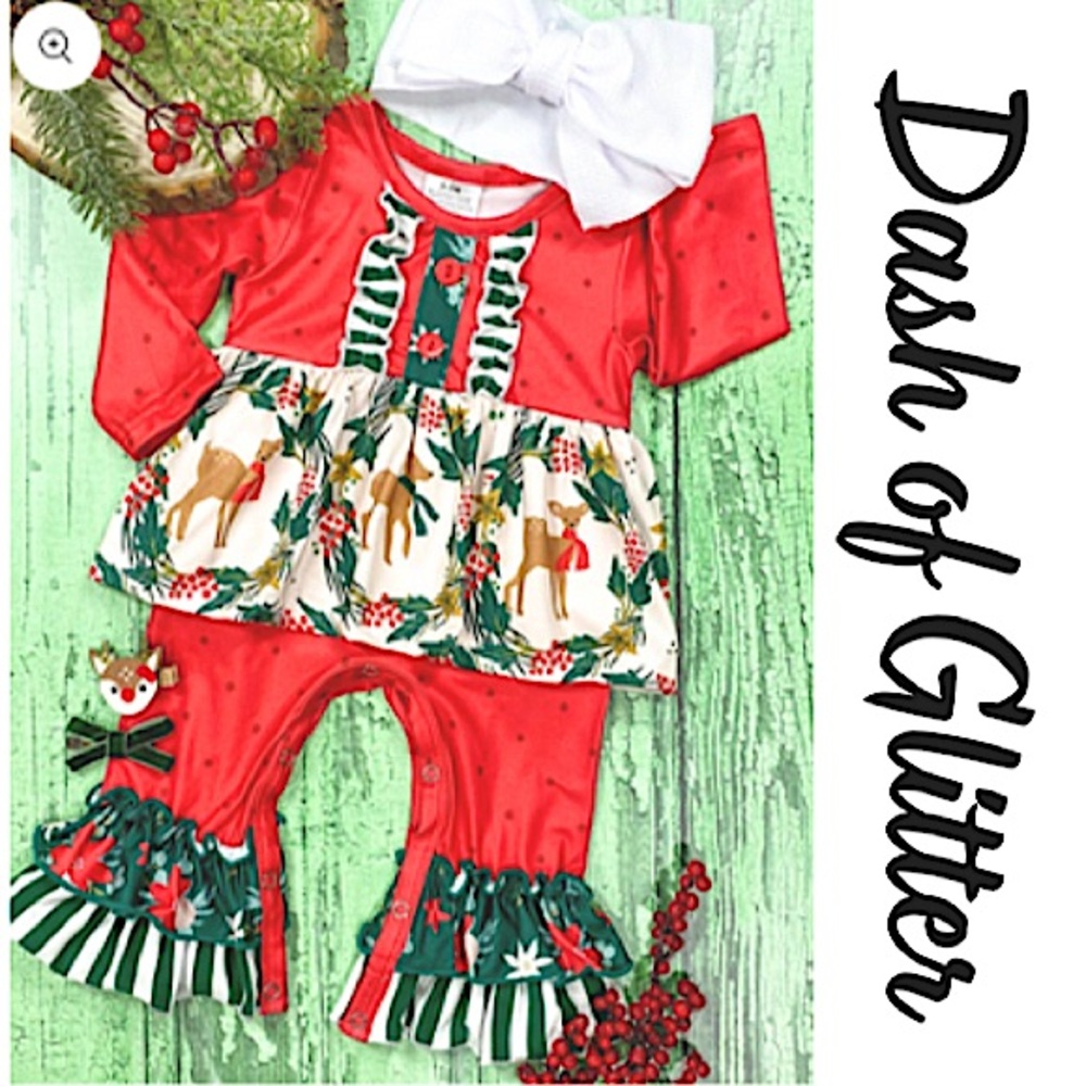 Dash of Glitter Christmas Reindeer Ruffle Button Leg Baby Jumpsuit Size 6-12mo